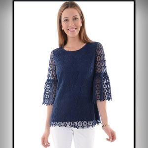 Sail To Stable Bell Sleeve Lace Overlay Top Navy Blue Size Medium